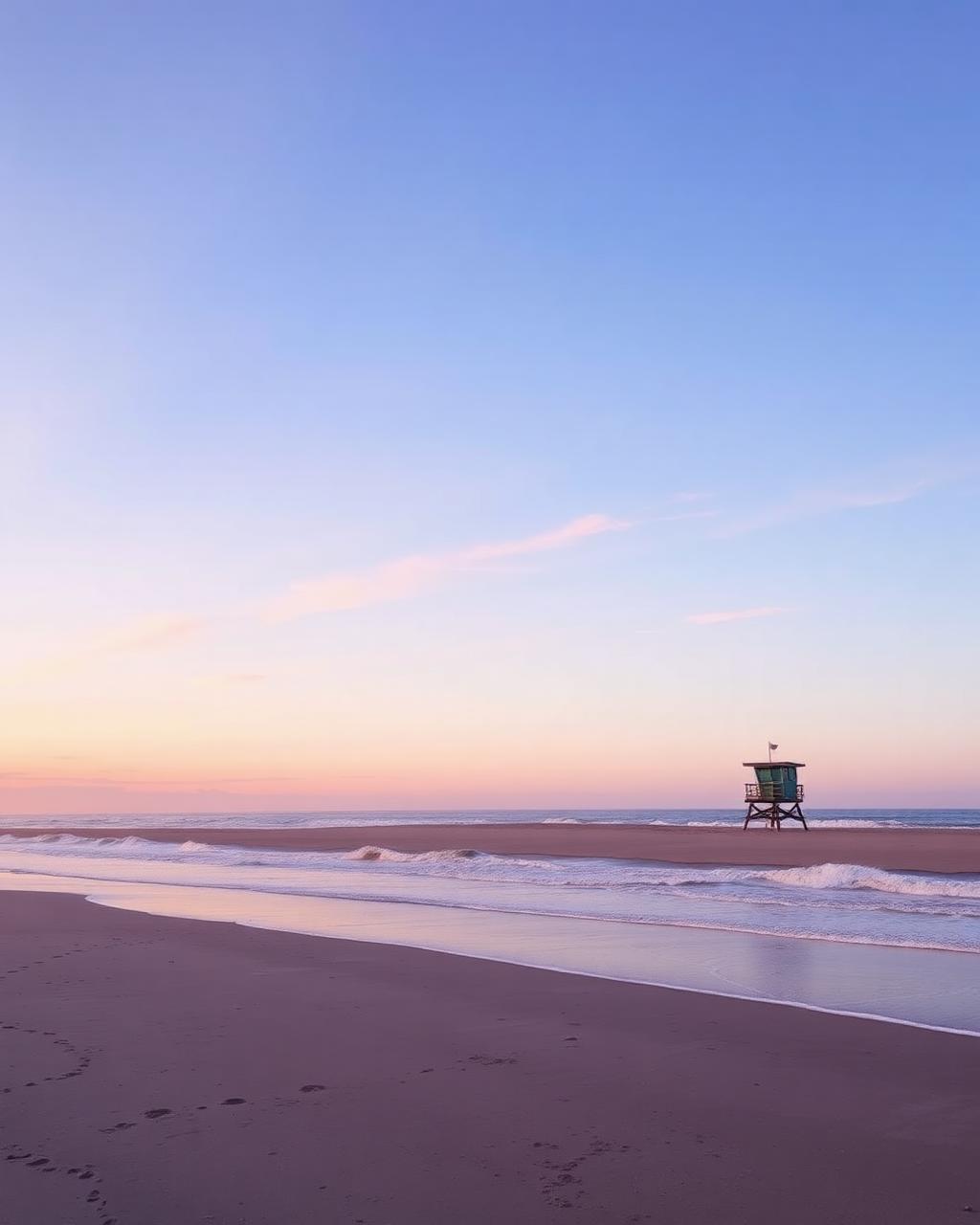 Empty South Bay beach at dawn with a lifeguard tower