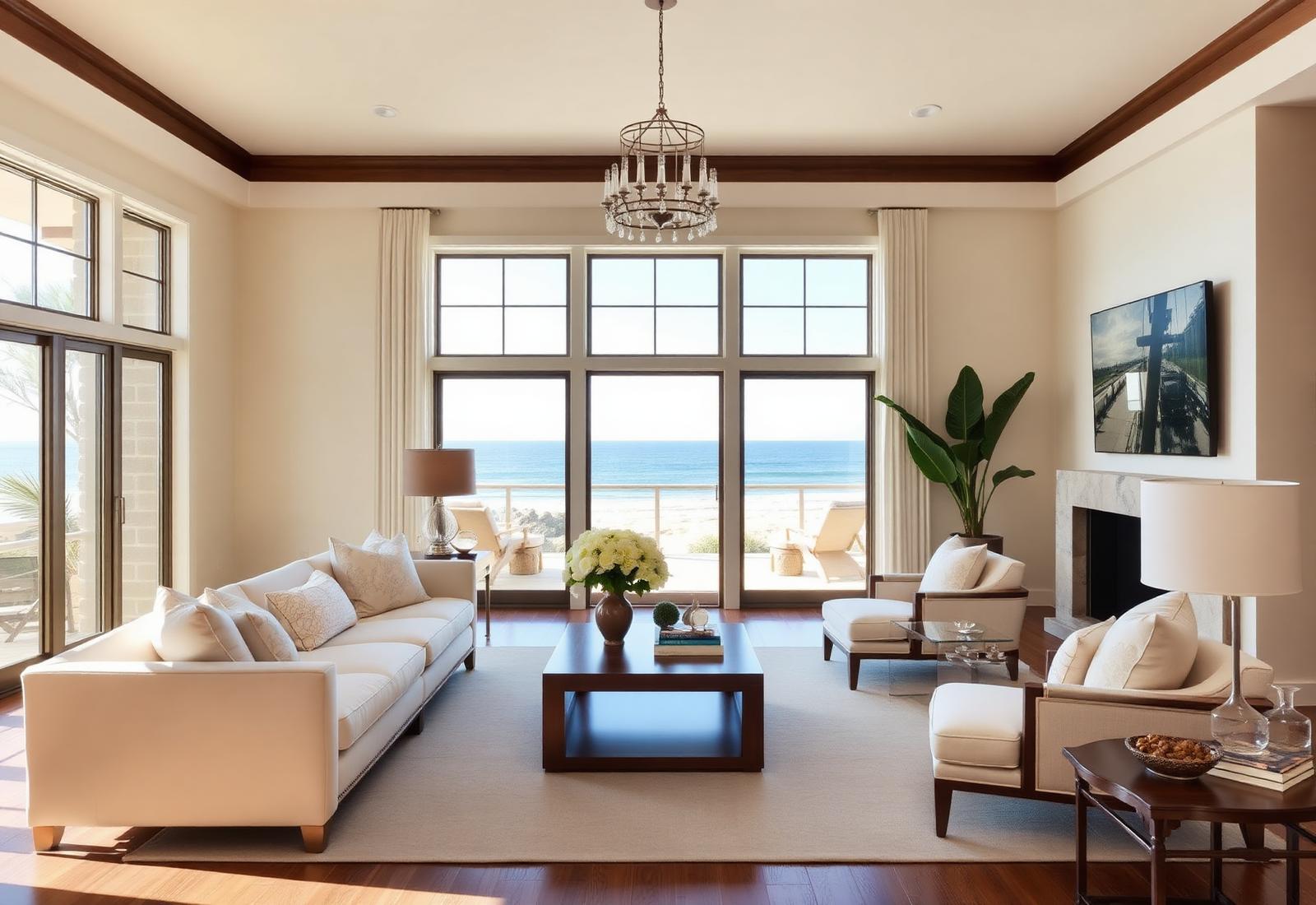 Sunlit coastal living room prepared for sale